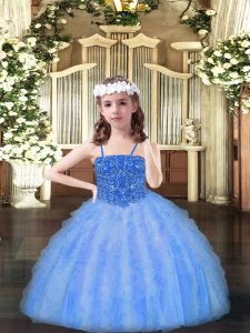 Superior Beading and Ruffles Pageant Dress Wholesale Baby Blue Lace Up Sleeveless Floor Length