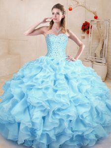 Exquisite Sweetheart Sleeveless 15th Birthday Dress Floor Length Ruffles Light Blue Organza