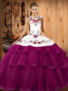 Fuchsia Sweet 16 Dresses Halter Top Sleeveless Sweep Train Lace Up