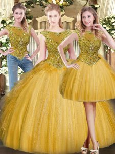 Ideal Gold Quince Ball Gowns Military Ball and Sweet 16 and Quinceanera with Beading and Ruffles Scoop Sleeveless Zipper