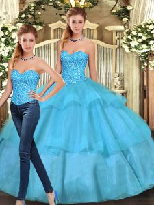 Superior Aqua Blue Organza Lace Up Sweetheart Sleeveless Floor Length 15th Birthday Dress Ruffled Layers