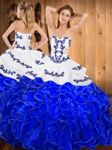 Suitable Satin and Organza Strapless Sleeveless Lace Up Embroidery and Ruffles Quinceanera Gowns in Blue And White