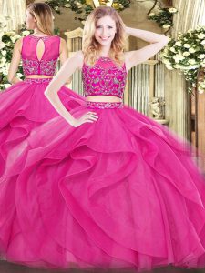 Beautiful Scoop Sleeveless Zipper Quinceanera Gown Hot Pink Tulle