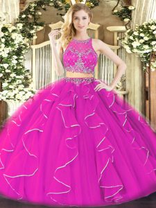 High Quality Fuchsia Ball Gowns Scoop Sleeveless Organza Floor Length Zipper Ruffles 15th Birthday Dress