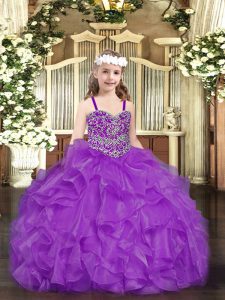 Purple Straps Neckline Beading and Ruffles Pageant Dresses Sleeveless Lace Up
