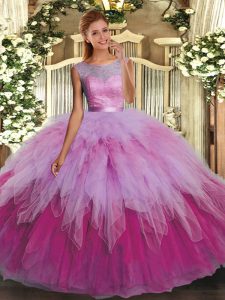 Multi-color Tulle Backless Sweet 16 Dresses Sleeveless Floor Length Ruffles