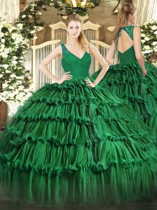 Organza V-neck Sleeveless Zipper Beading and Ruffled Layers Quinceanera Dress in Dark Green