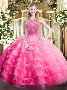 Super Floor Length Zipper Sweet 16 Quinceanera Dress Rose Pink for Military Ball and Sweet 16 and Quinceanera with Beading and Ruffled Layers