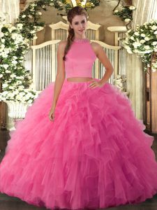 Eye-catching Hot Pink Tulle Backless Halter Top Sleeveless Floor Length Vestidos de Quinceanera Beading and Ruffles