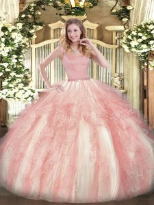 Custom Fit Straps Sleeveless 15 Quinceanera Dress Floor Length Beading and Ruffles Pink Tulle