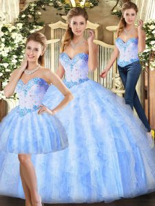 Three Pieces Ball Gown Prom Dress Lavender Sweetheart Organza Sleeveless Floor Length Lace Up