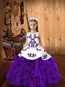 Floor Length Eggplant Purple Pageant Dress Toddler Organza Sleeveless Embroidery and Ruffles