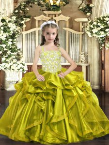 Straps Sleeveless Pageant Dress Wholesale Floor Length Beading and Ruffles Yellow Green Organza