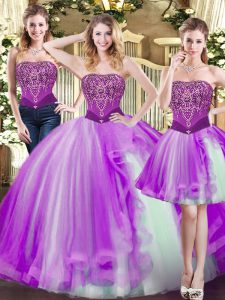 Sophisticated Eggplant Purple Ball Gowns Strapless Sleeveless Tulle Floor Length Lace Up Beading Quinceanera Dresses
