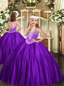 Beauteous V-neck Sleeveless Girls Pageant Dresses Floor Length Beading Purple Satin