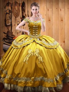 Ball Gowns Quinceanera Dresses Gold Off The Shoulder Satin and Organza Sleeveless Floor Length Lace Up