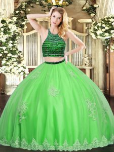 Green Sleeveless Floor Length Beading and Appliques Zipper Quinceanera Dresses