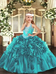 Admirable Beading and Ruffles Glitz Pageant Dress Teal Lace Up Sleeveless Floor Length