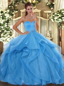 High Class Baby Blue Sleeveless Floor Length Beading and Ruffles Lace Up Quinceanera Dresses