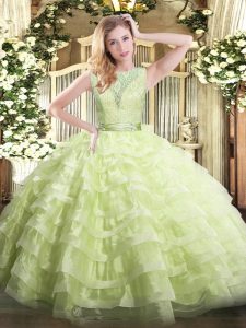 Stunning Yellow Green Ball Gowns Lace and Ruffled Layers 15th Birthday Dress Backless Organza Sleeveless Floor Length