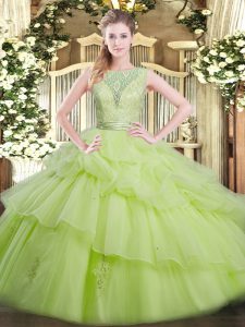 Unique Sleeveless Tulle Floor Length Backless Quince Ball Gowns in Yellow Green with Beading and Ruffled Layers