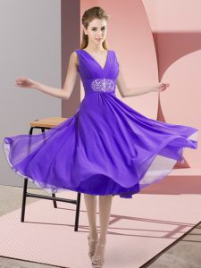 Admirable Lavender Empire Beading Quinceanera Court Dresses Side Zipper Chiffon Sleeveless Knee Length