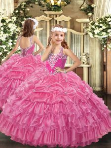 Rose Pink Sleeveless Floor Length Beading and Ruffled Layers and Pick Ups Lace Up Pageant Dresses