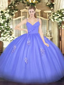 Most Popular Sleeveless Floor Length Appliques Zipper 15 Quinceanera Dress with Blue