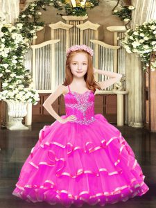 Hot Pink Ball Gowns Organza Spaghetti Straps Sleeveless Beading and Ruffled Layers Floor Length Lace Up Pageant Dress for Womens