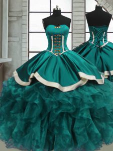 Classical Teal Sweetheart Neckline Beading and Ruffles Sweet 16 Dresses Sleeveless Lace Up