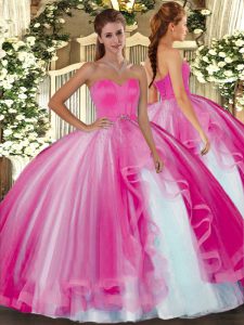 Hot Pink Tulle Lace Up Quince Ball Gowns Sleeveless Floor Length Beading