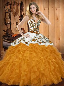 Gold Lace Up Sweetheart Embroidery and Ruffles 15 Quinceanera Dress Satin and Organza Sleeveless