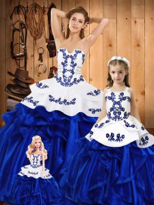 Stylish Floor Length Blue Quinceanera Gowns Strapless Sleeveless Lace Up