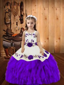 Dramatic Embroidery and Ruffles Evening Gowns Eggplant Purple Lace Up Sleeveless Floor Length