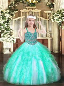 Hot Sale Beading and Ruffles Little Girls Pageant Gowns Apple Green Lace Up Sleeveless Floor Length