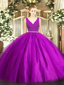 Perfect V-neck Sleeveless Vestidos de Quinceanera Floor Length Beading Purple Tulle