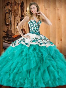 Sweet Turquoise Sleeveless Embroidery and Ruffles Floor Length Ball Gown Prom Dress