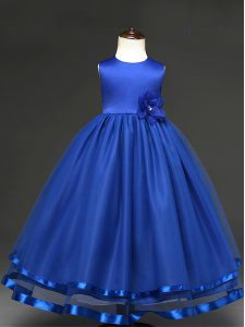 Lovely Royal Blue Sleeveless Floor Length Hand Made Flower Zipper Girls Pageant Dresses