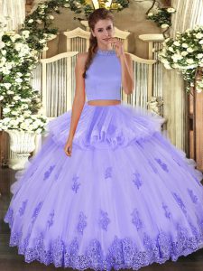 Sleeveless Tulle Floor Length Backless 15th Birthday Dress in Lavender with Beading and Appliques and Ruffles