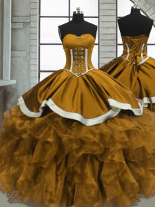 Traditional Yellow Ball Gowns Organza Sweetheart Sleeveless Beading and Ruffles Floor Length Lace Up Sweet 16 Dresses