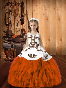 Orange Red Organza Lace Up Straps Sleeveless Floor Length Pageant Gowns Embroidery and Ruffles