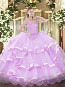 Glittering Straps Sleeveless Organza 15th Birthday Dress Beading and Ruffled Layers Zipper
