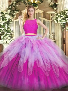 Graceful Sleeveless Floor Length Lace and Ruffles Zipper Sweet 16 Quinceanera Dress with Fuchsia