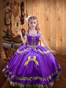 Perfect Lavender Off The Shoulder Lace Up Beading and Embroidery Child Pageant Dress Sleeveless