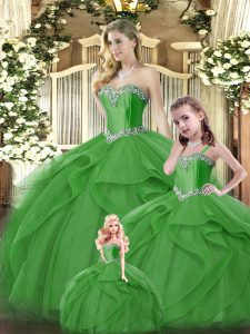 Sleeveless Floor Length Ruffles Lace Up Quinceanera Gown with Green