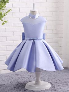 Superior Lavender Taffeta Zipper High-neck Cap Sleeves Knee Length Kids Pageant Dress Beading and Bowknot and Belt