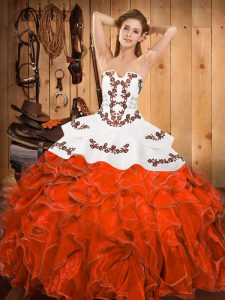 Suitable Sleeveless Floor Length Embroidery and Ruffles Lace Up Sweet 16 Quinceanera Dress with Rust Red