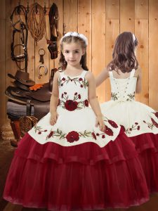 Low Price Straps Sleeveless Pageant Dress for Teens Floor Length Embroidery and Ruffled Layers Wine Red Organza