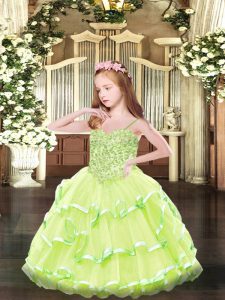 Wonderful Spaghetti Straps Sleeveless Kids Pageant Dress Floor Length Appliques Yellow Green Organza