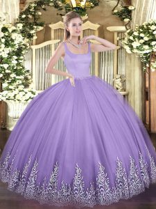 Lavender Ball Gowns Appliques Sweet 16 Quinceanera Dress Zipper Tulle Sleeveless Floor Length